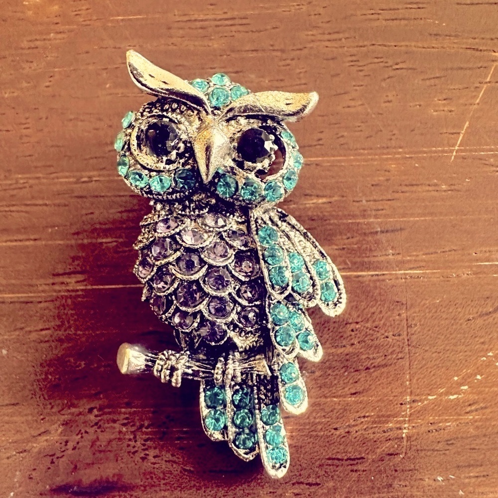 Owl Brooch. Silver Tone with Rhinestones.